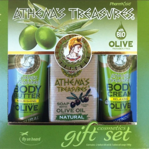 ПОДАРОЧНЫЙ НАБОР ATHENAS TREASURES 22, ГУСТОЙ КРЕМ ДЛЯ ТЕЛА ОЛИВКИ+КРЕМ ДЛЯ ТЕЛА ЛАВАНДА+МЫЛО ОЛИВКИ